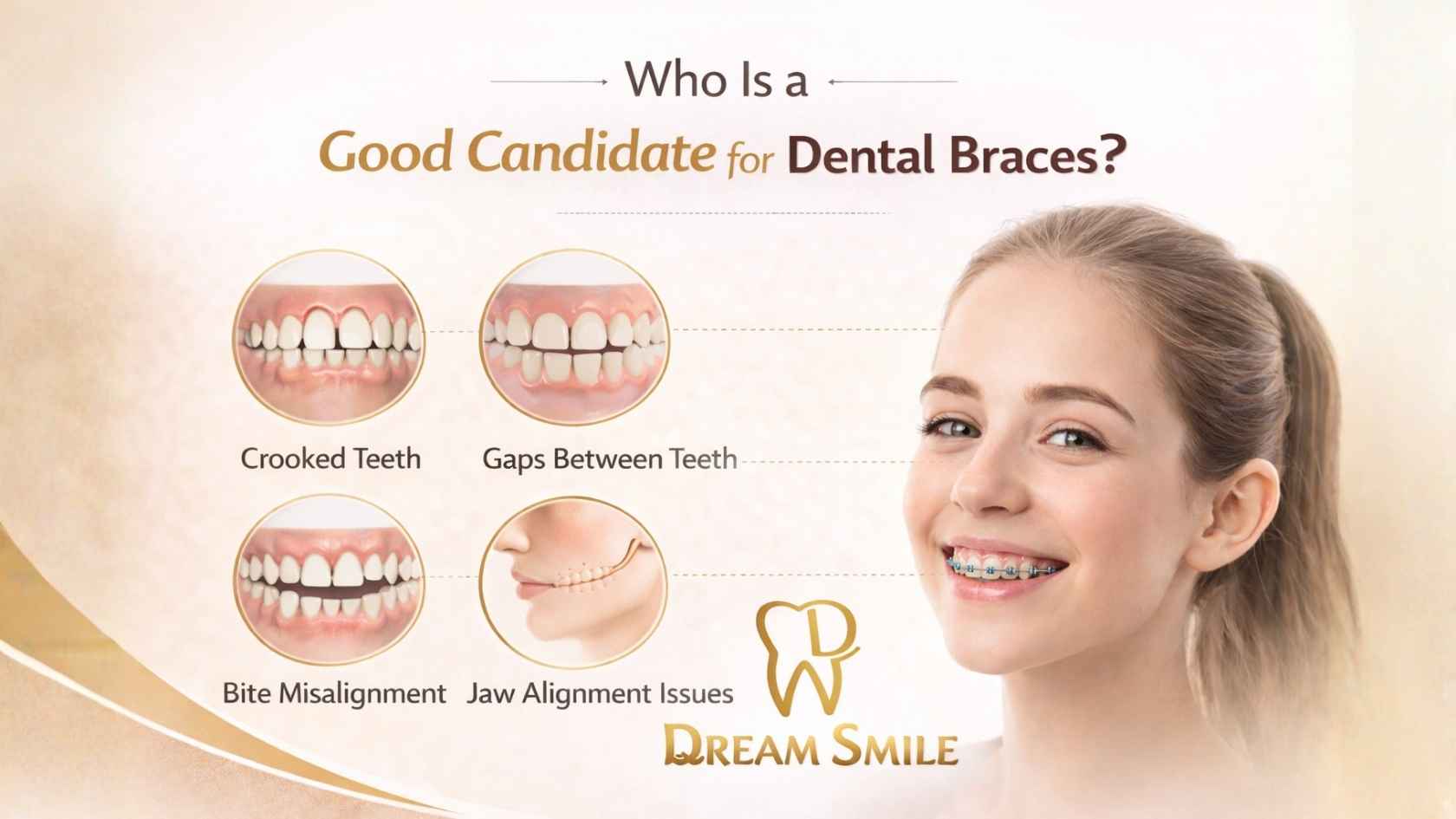 Young woman with dental braces smiling beside illustrations of crooked teeth, gaps, bite misalignment, and jaw alignment issues with Dream Smile logo