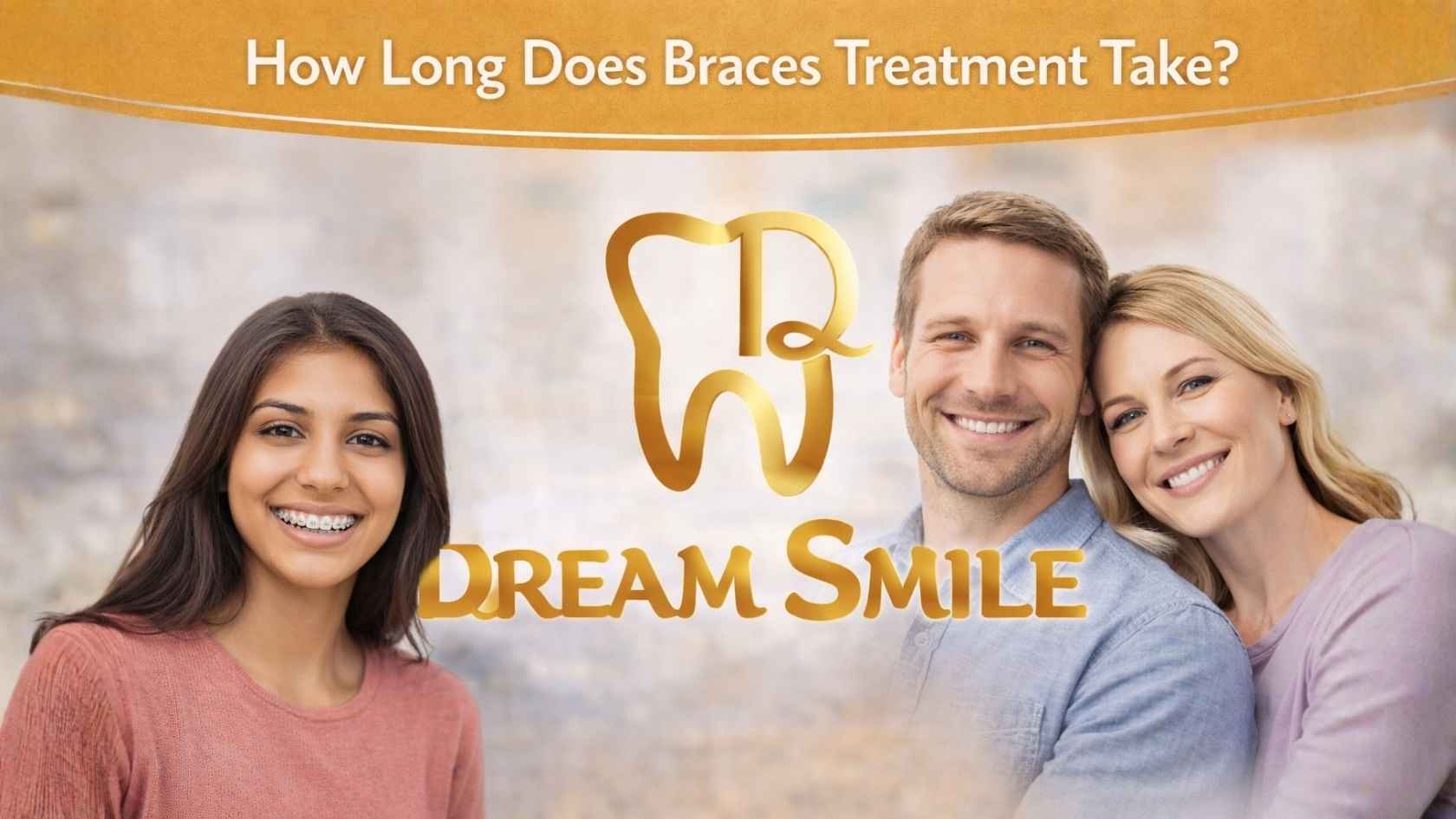 Three smiling adults, one wearing dental braces, with Dream Smile logo and heading “How Long Does Braces Treatment Take?”