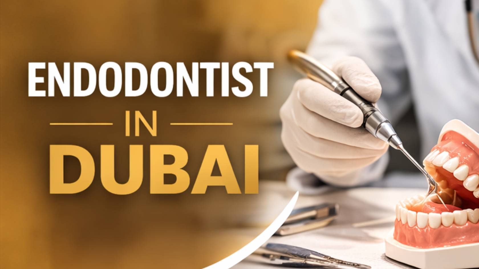 Endodontist in Dubai performing root canal treatment using dental instruments and tooth model.