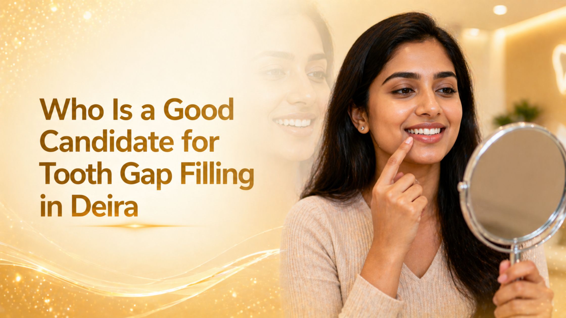Who Is a Good Candidate for Tooth Gap Filling in Deira showing a confident person with a healthy and improved smile in a dental clinic