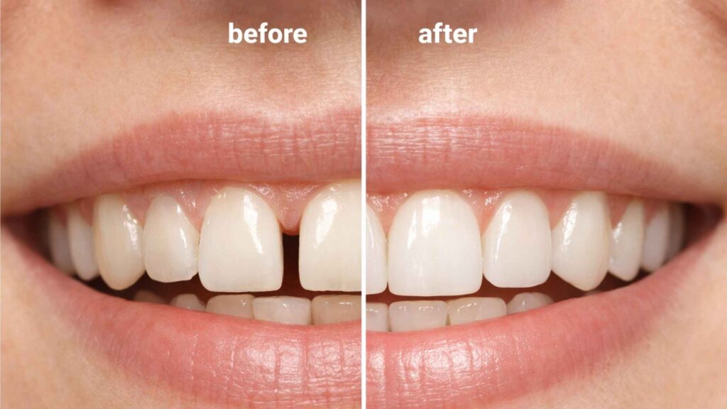 Tooth Gap Filling Treatment in Deira showing split image before and after dental gap closure — left side with visible diastema, right side with smooth aligned teeth and bright smile, professional dental photography style