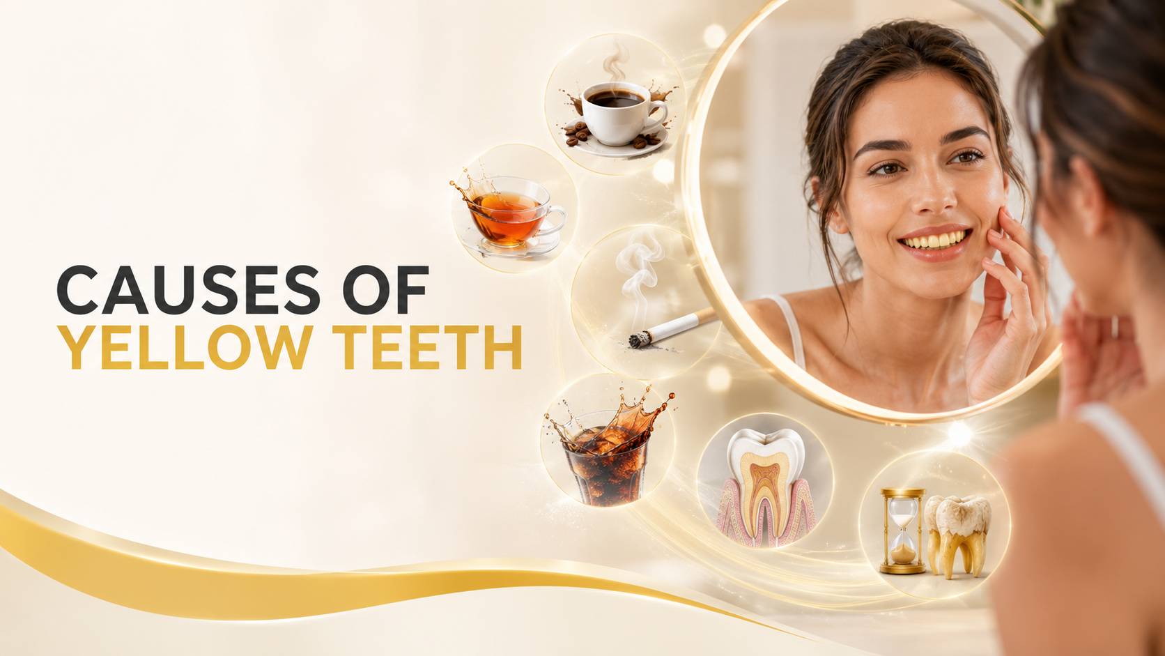 Causes of Yellow Teeth banner showing a young woman looking into a mirror with lifestyle factors like coffee, smoking, tea, and aging affecting tooth color