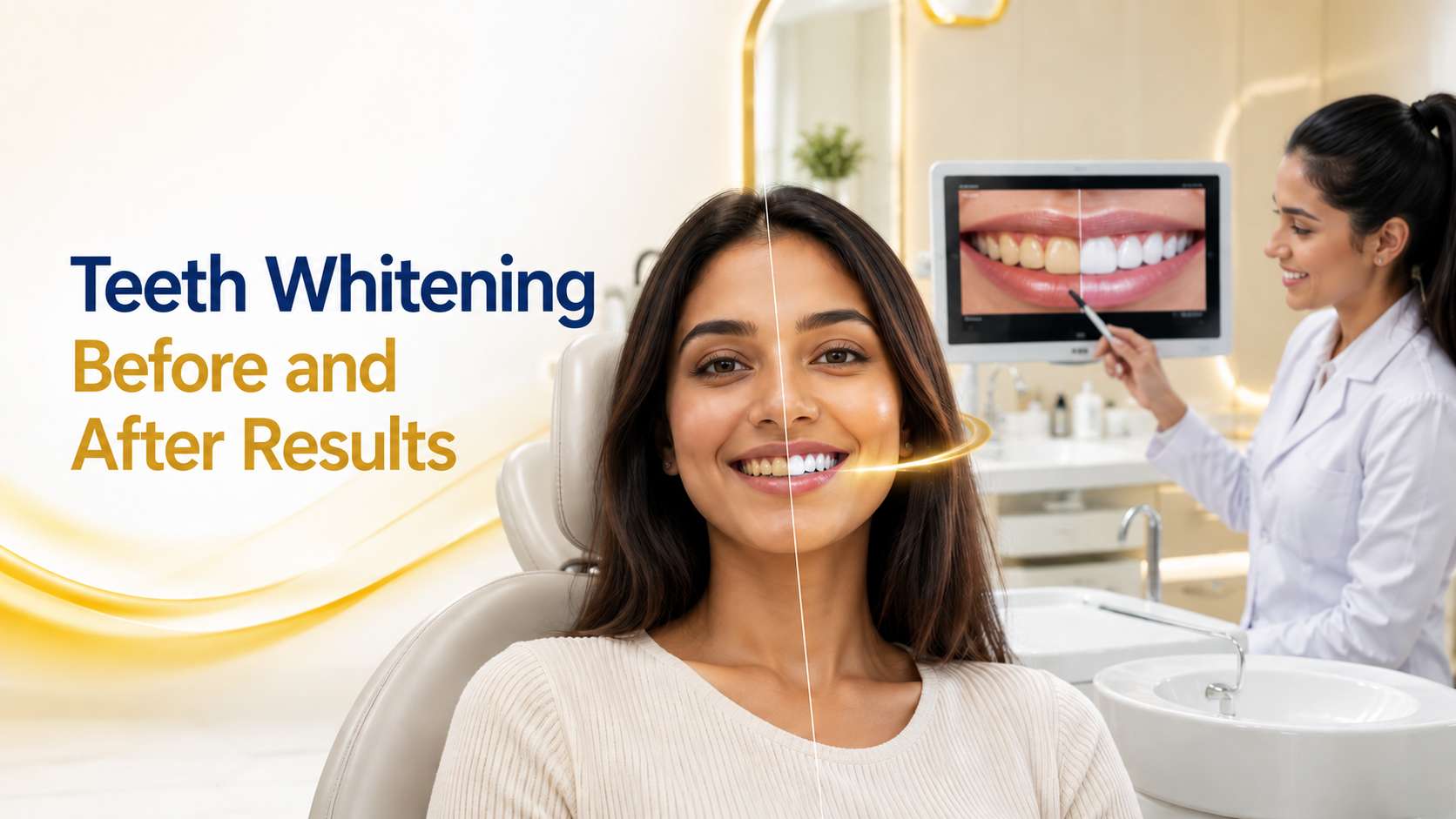 Teeth Whitening Before and After Results banner showing a realistic smile transformation in a luxury dental clinic with a cosmetic dentist reviewing whitening results on a digital screen.