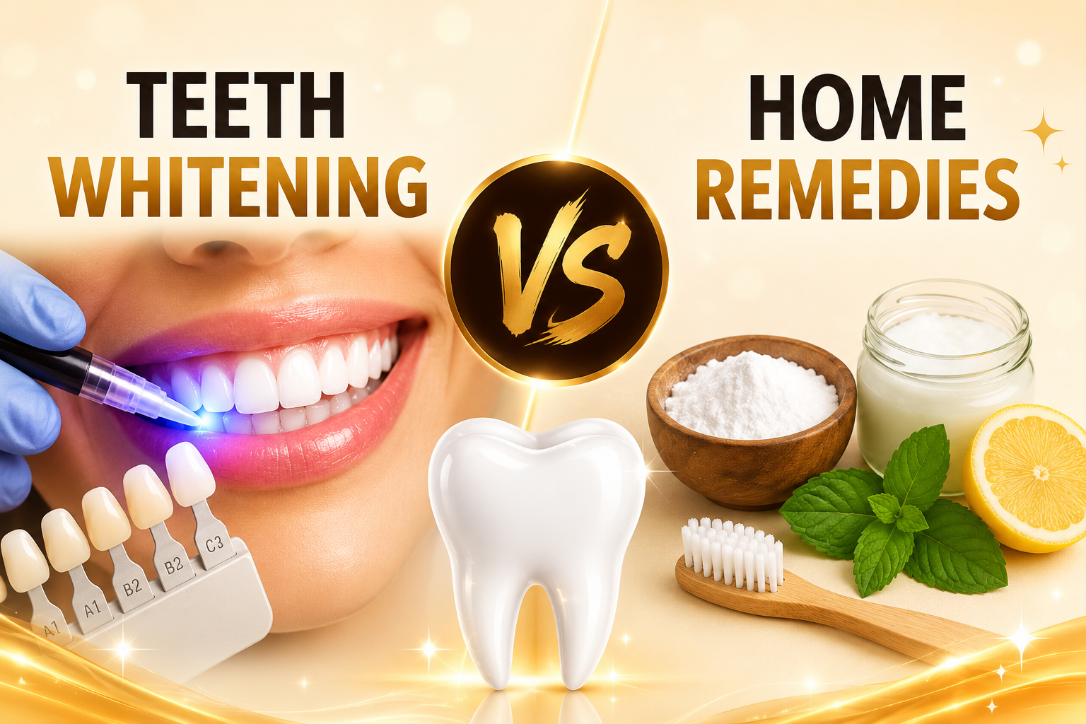 Teeth Whitening vs Home Remedies comparison showing professional teeth whitening treatment and common home remedies used for improving tooth appearance.