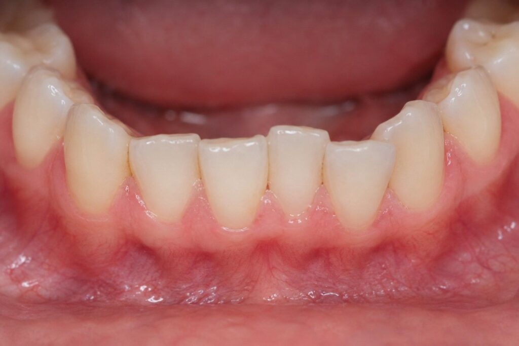 close-up clinical photograph of mildly crowded lower front teeth showing slight overlap and rotation of the lower incisors with healthy surrounding gum tissue.