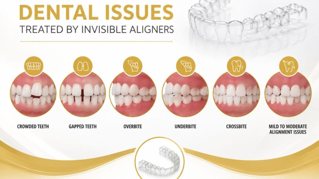 How invisible aligners work to treat crowded teeth, gapped teeth, overbite, underbite, crossbite, and mild alignment issues