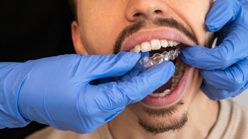 Cost of Invisible Aligners in Deira treatment showing a dentist fitting a transparent clear aligner onto a patient's teeth during an orthodontic appointment