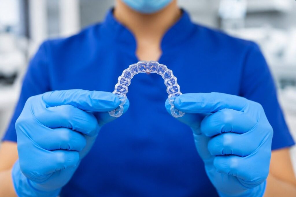 Dental professional holding a clear aligner tray during the treatment process for invisible aligners.