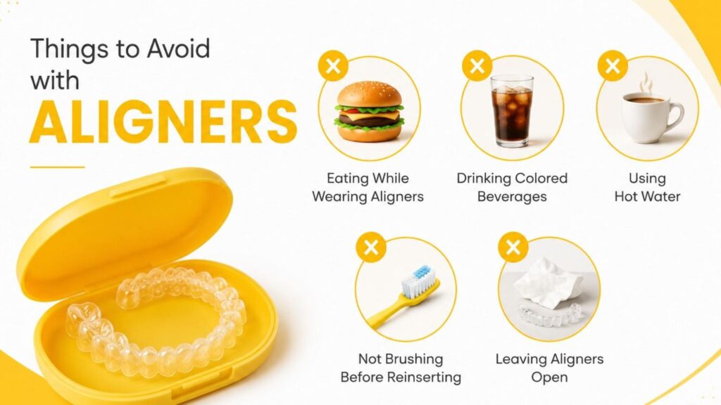 Illustration showing common mistakes to avoid while wearing invisible aligners, including eating with aligners, drinking colored beverages, using hot water, not brushing before reinserting, and leaving aligners uncovered.