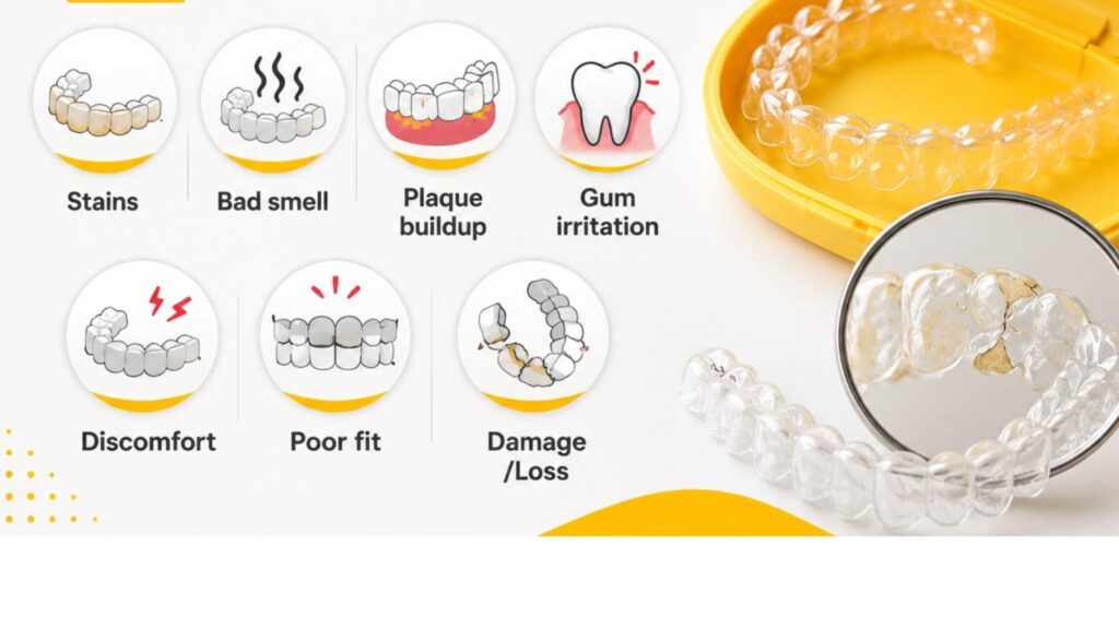 Infographic showing signs of poor invisible aligner care, including stains, bad odor, plaque buildup, gum irritation, discomfort, poor fit, and damaged aligners.