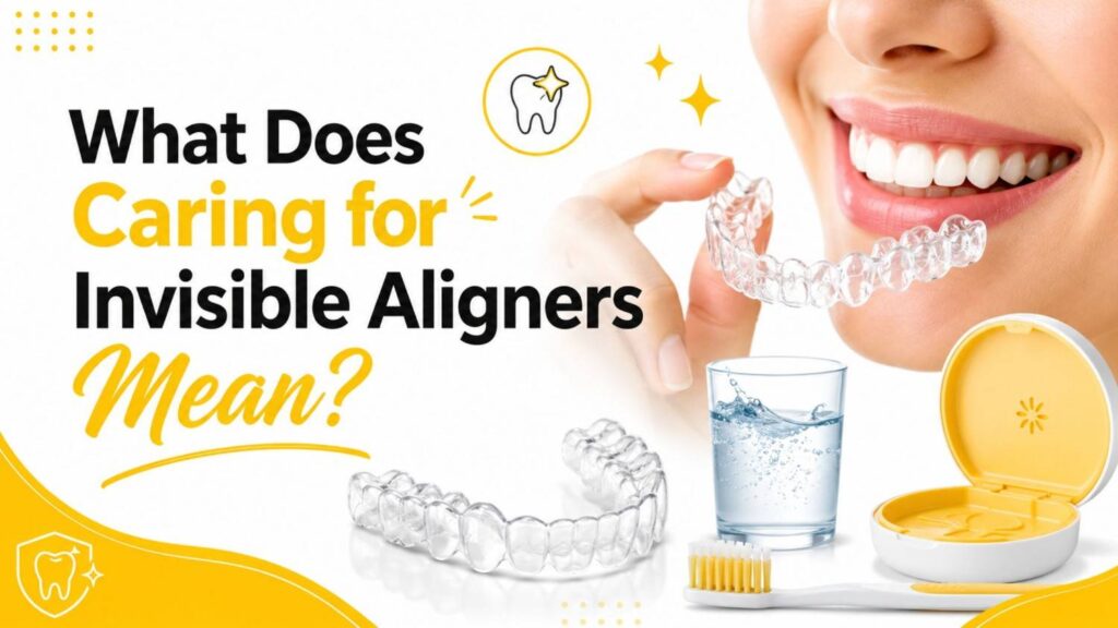 What does caring for invisible aligners mean with clear aligner, smile, toothbrush, water glass, and yellow aligner case.