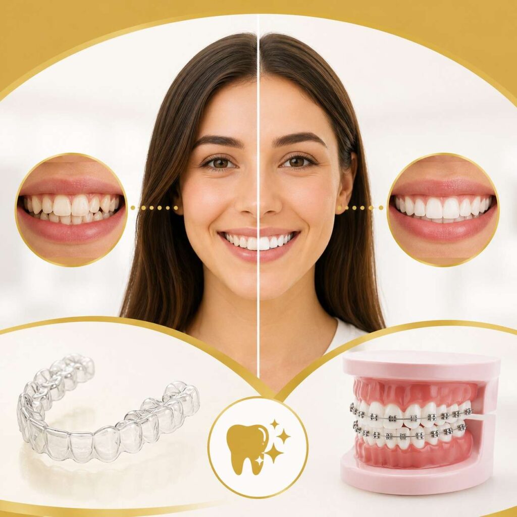 Invisible aligners before and after smile transformation showing improved teeth alignment, enhanced smile aesthetics, and modern orthodontic treatment results.