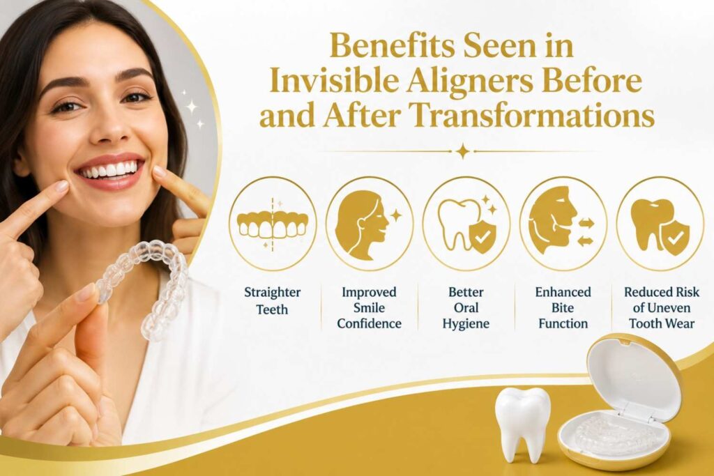 Benefits seen in invisible aligners before and after treatment, including straighter teeth, improved smile confidence, better oral hygiene, enhanced bite function, and reduced tooth wear.