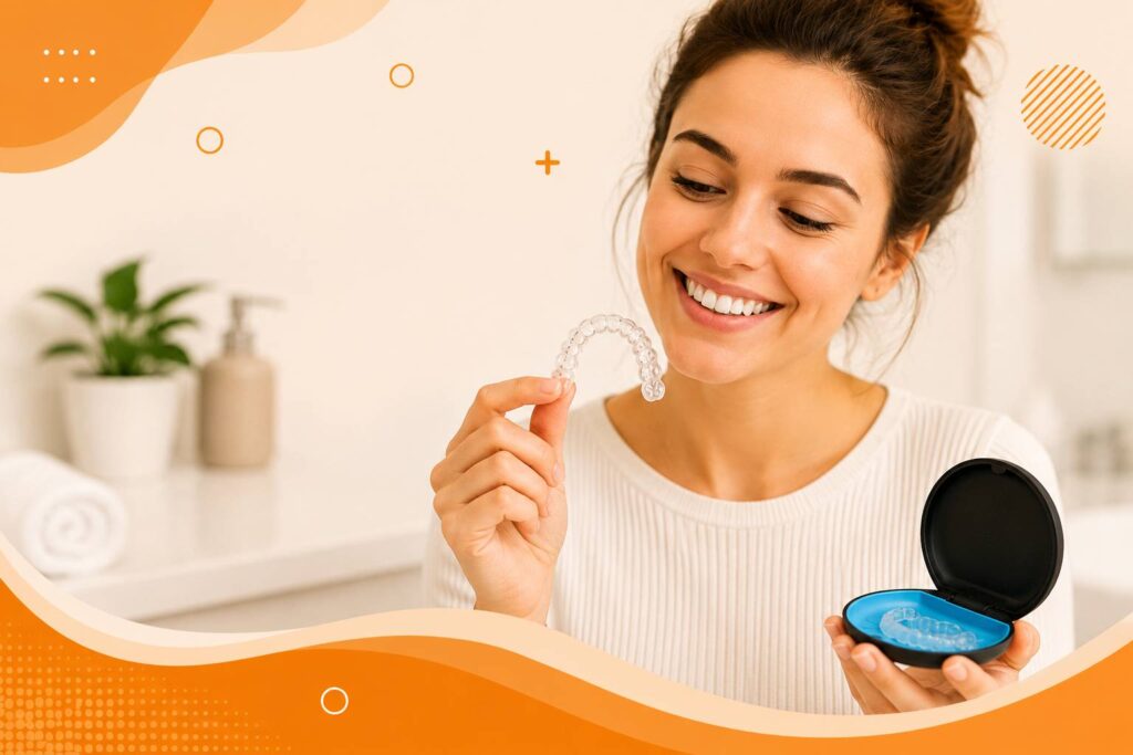 Woman holding a clear aligner demonstrating how do invisible aligners straighten teeth with modern orthodontic treatment