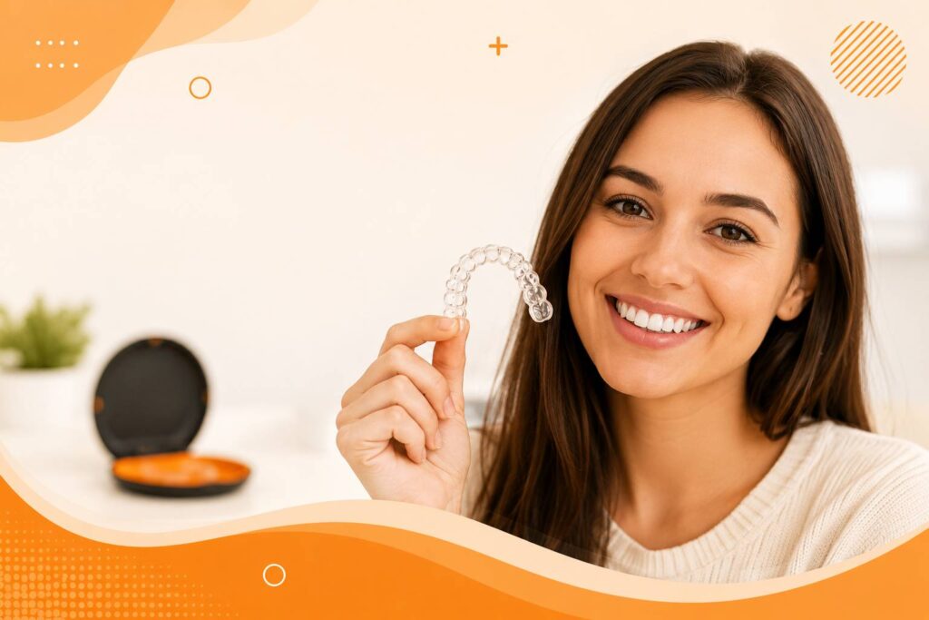 Woman holding a clear aligner demonstrating how do invisible aligners straighten teeth through gradual orthodontic treatment