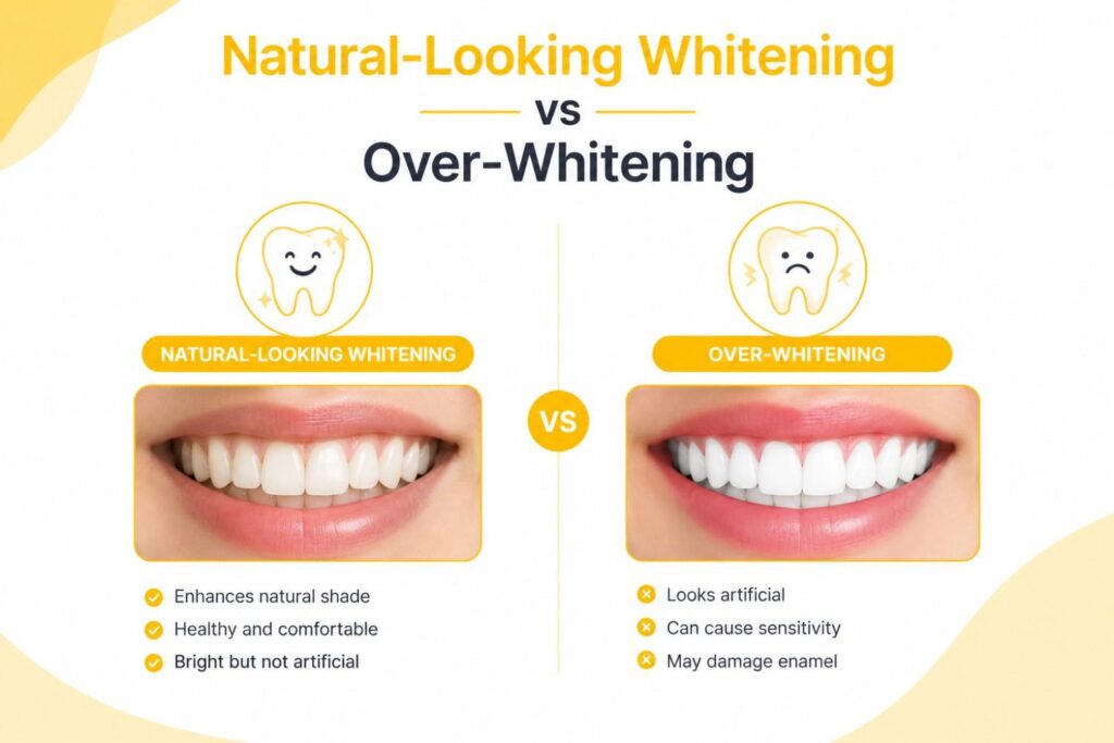 Comparison illustration showing natural-looking teeth whitening versus over-whitening, highlighting the difference between a healthy, natural smile and an overly white, artificial-looking smile.