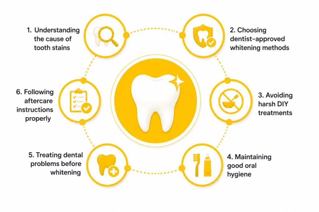 Illustration showing best practices for safe teeth whitening, including identifying the cause of tooth stains, choosing dentist-approved whitening methods, maintaining oral hygiene, treating dental issues, avoiding DIY treatments, and following aftercare instructions.