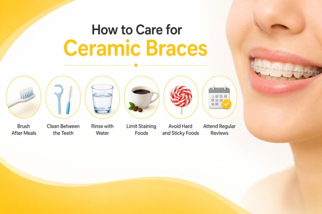 Infographic illustrating how to care for ceramic braces, including brushing after meals, cleaning between the teeth, rinsing with water, limiting staining foods, avoiding hard and sticky foods, and attending regular orthodontic reviews.
