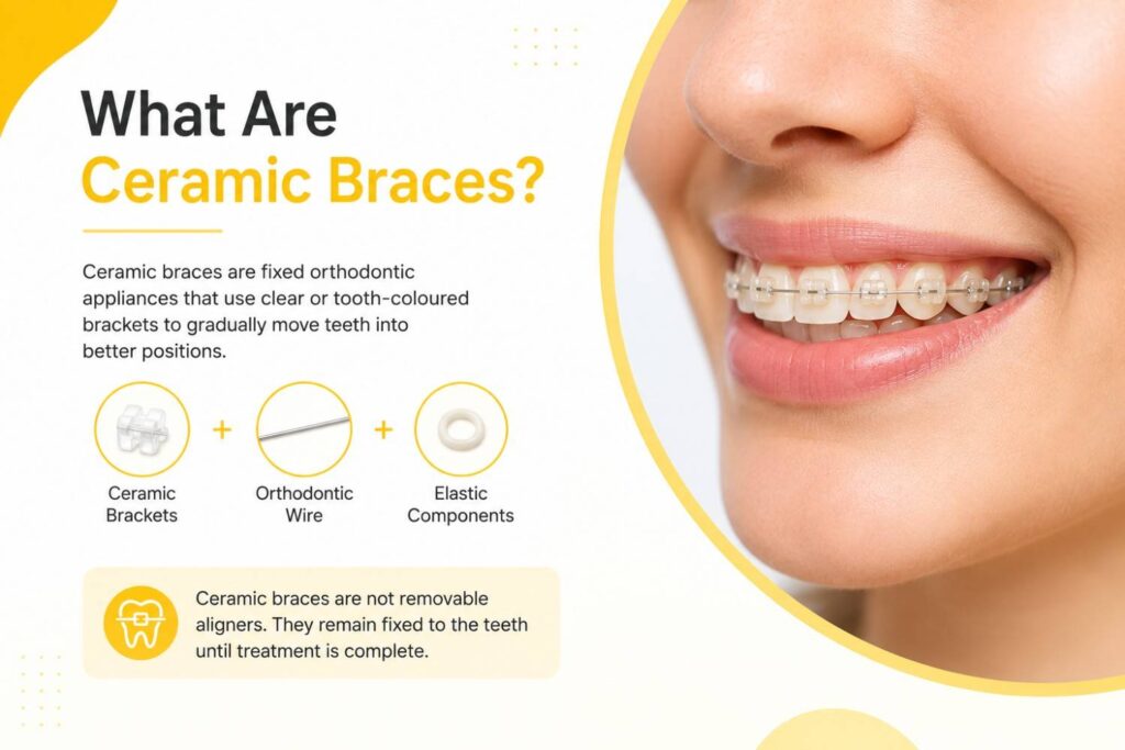 Illustration of ceramic braces showing clear tooth-coloured brackets attached to teeth with an orthodontic wire and elastic components, presented in a clean yellow and white dental-themed design.