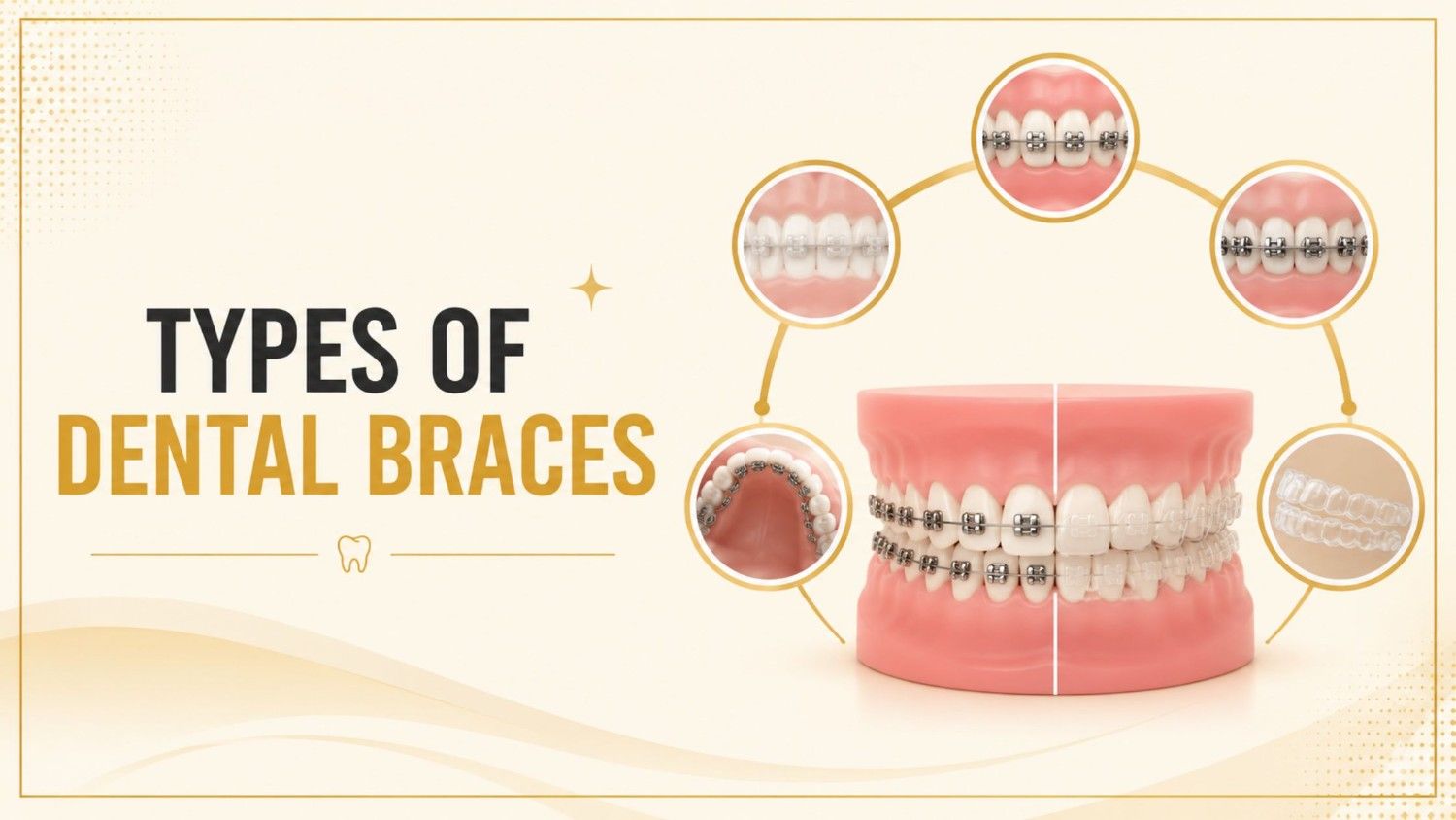 Feature image illustrating the different types of dental braces, including metal braces, ceramic braces, lingual braces, self-ligating braces, and clear aligners for orthodontic treatment.