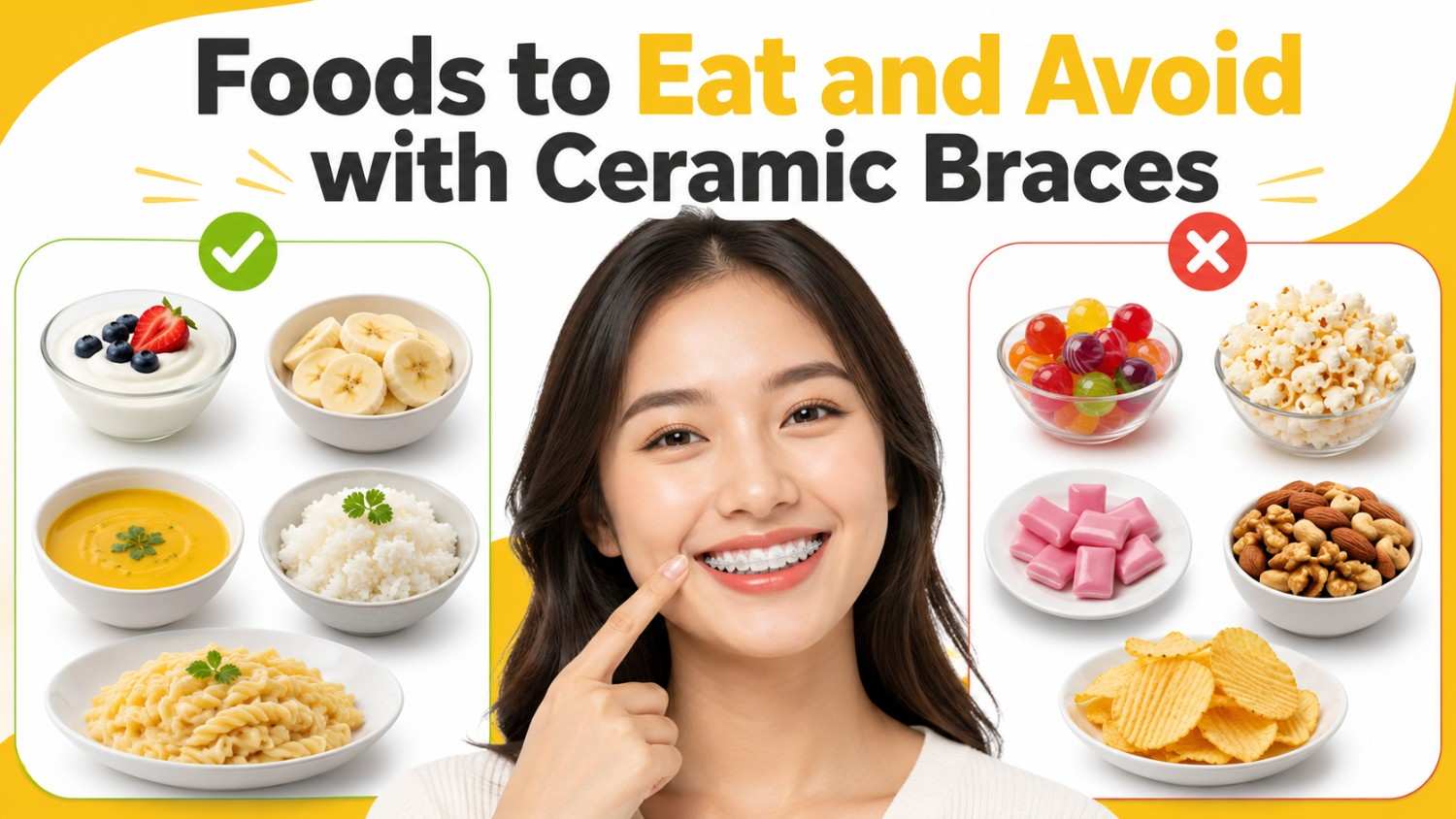 Foods to Eat and Avoid with Ceramic Braces featuring braces-friendly soft foods and hard or sticky foods to avoid.
