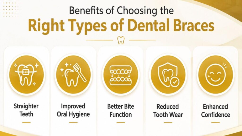 Infographic showing the benefits of choosing the right types of dental braces, including straighter teeth, improved oral hygiene, better bite function, reduced tooth wear, and enhanced confidence.