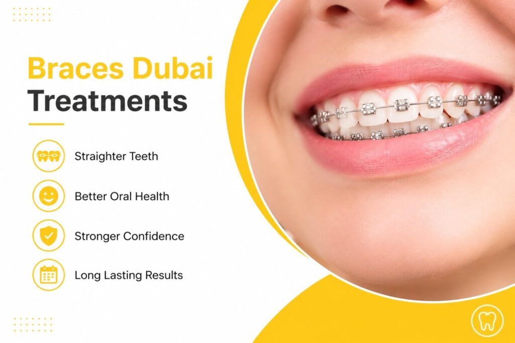 Patient smiling with traditional metal braces, representing modern braces treatment for improved teeth alignment and oral health in Dubai.