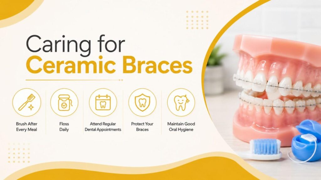 Caring for Ceramic Braces in Dubai illustration showing brushing, flossing, regular dental checkups, brace protection, and oral hygiene for successful orthodontic treatment.