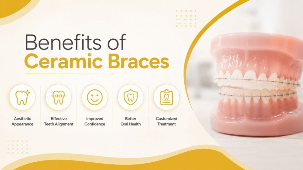 Benefits of Ceramic Braces in Dubai illustrated with aesthetic appearance, effective teeth alignment, improved confidence, better oral health, and customized orthodontic treatment.