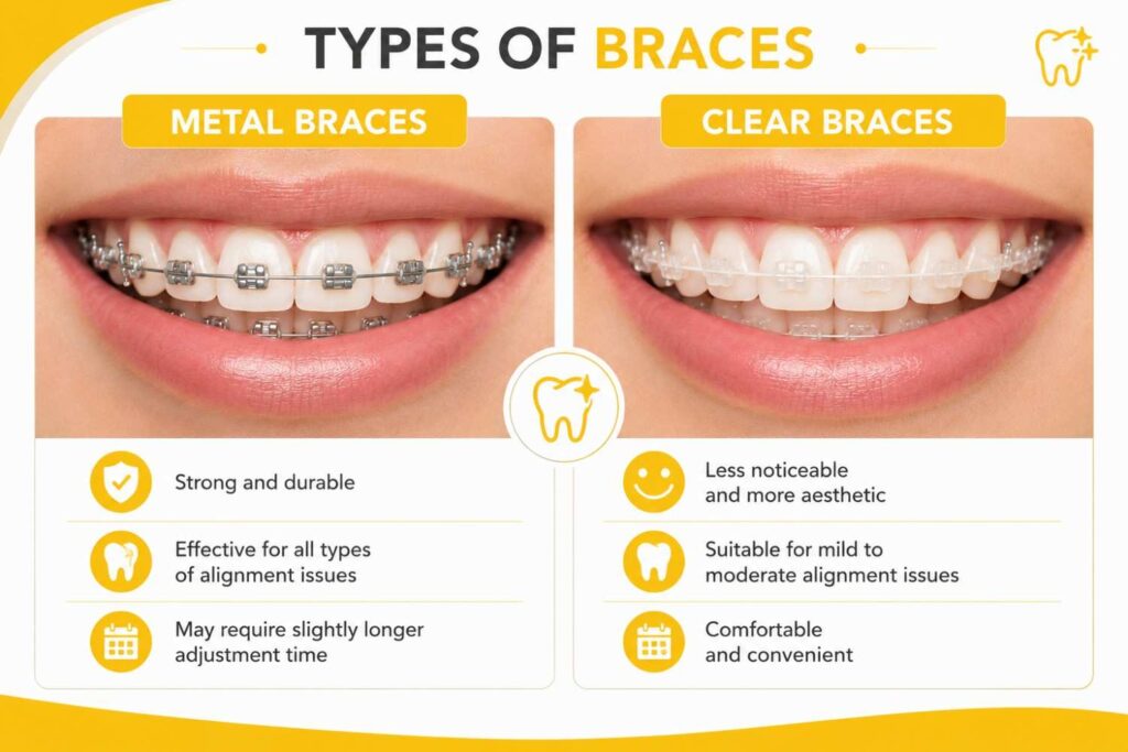 Comparison of metal braces and clear braces on smiling teeth, highlighting the appearance of both orthodontic treatment options on a clean yellow and white background.