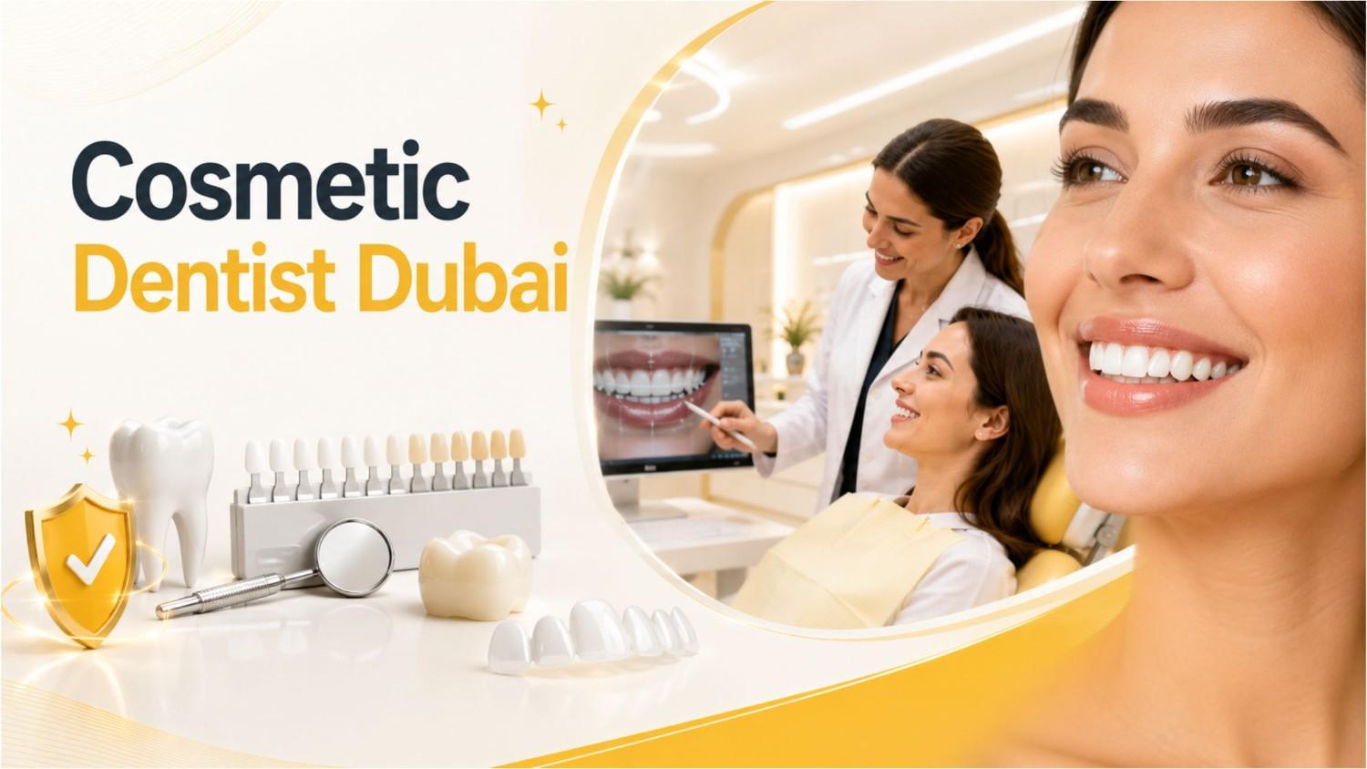 Cosmetic Dentist Dubai feature image showing a smile makeover consultation, teeth whitening, veneers, and modern cosmetic dental care for a healthy, confident smile.