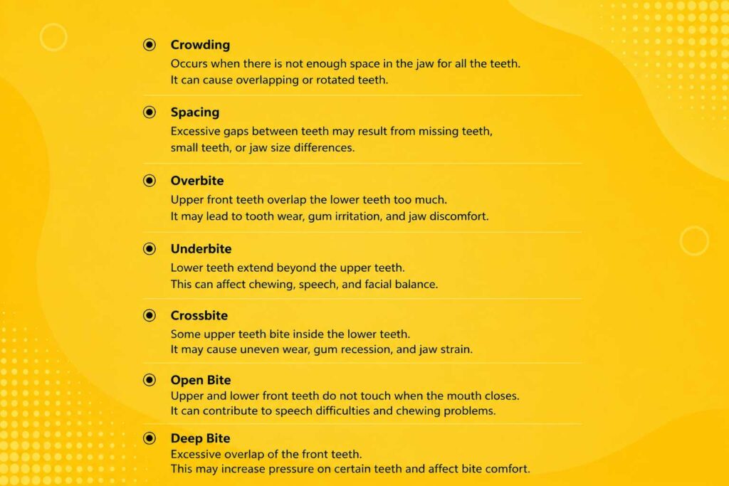 Infographic explaining common dental conditions that may require braces, including crowding, spacing, overbite, underbite, crossbite, open bite, and deep bite on a yellow background.