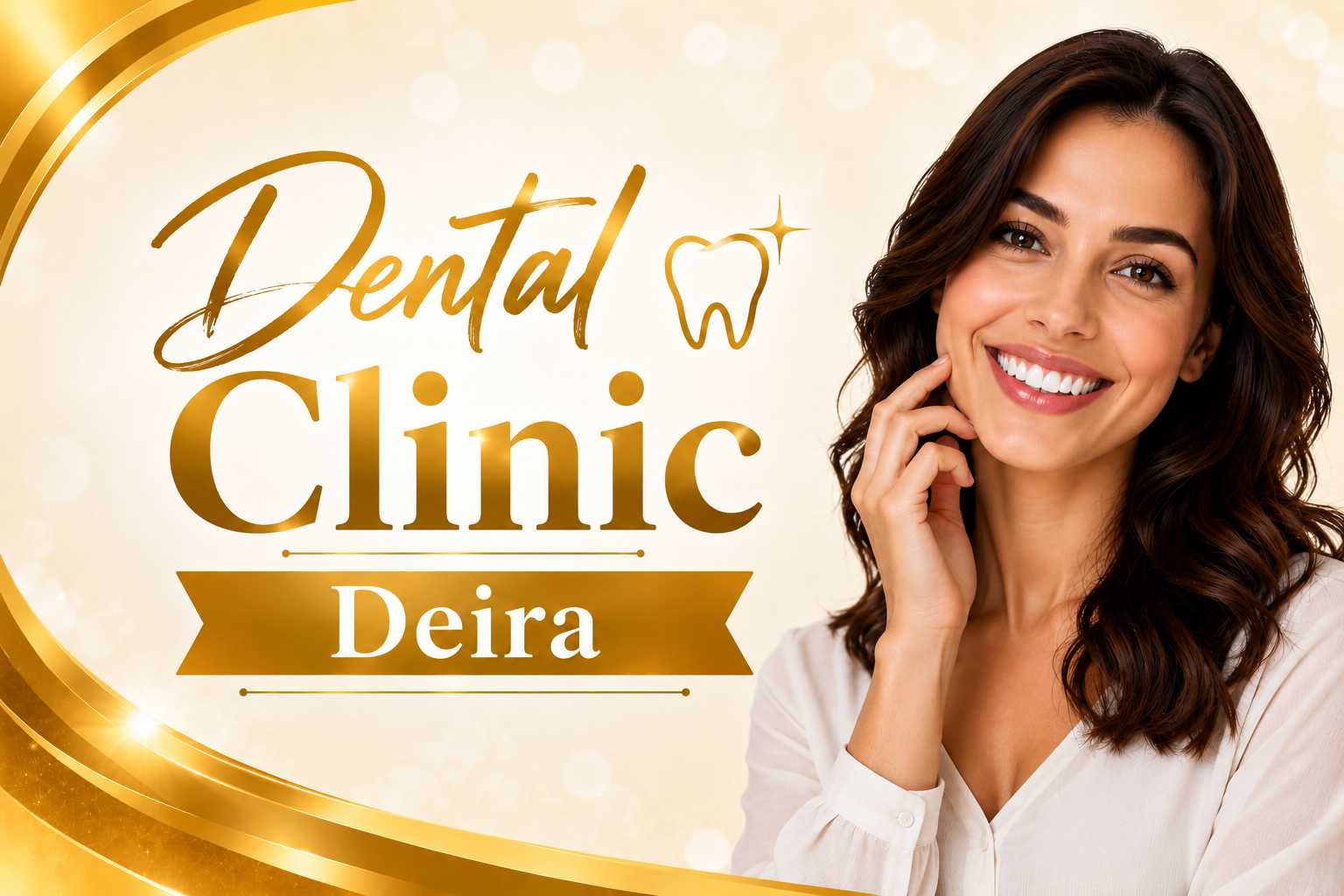 Smiling woman promoting a Dental Clinic in Deira with elegant gold-themed dental banner and tooth icon.