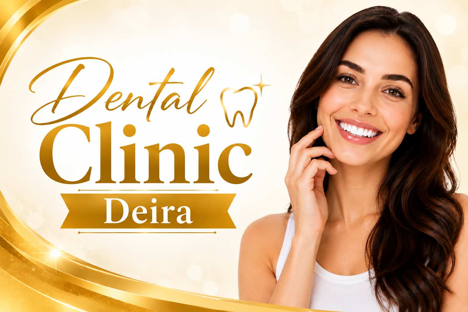 Smiling woman promoting Dental Clinic Deira with elegant gold-themed dental banner.