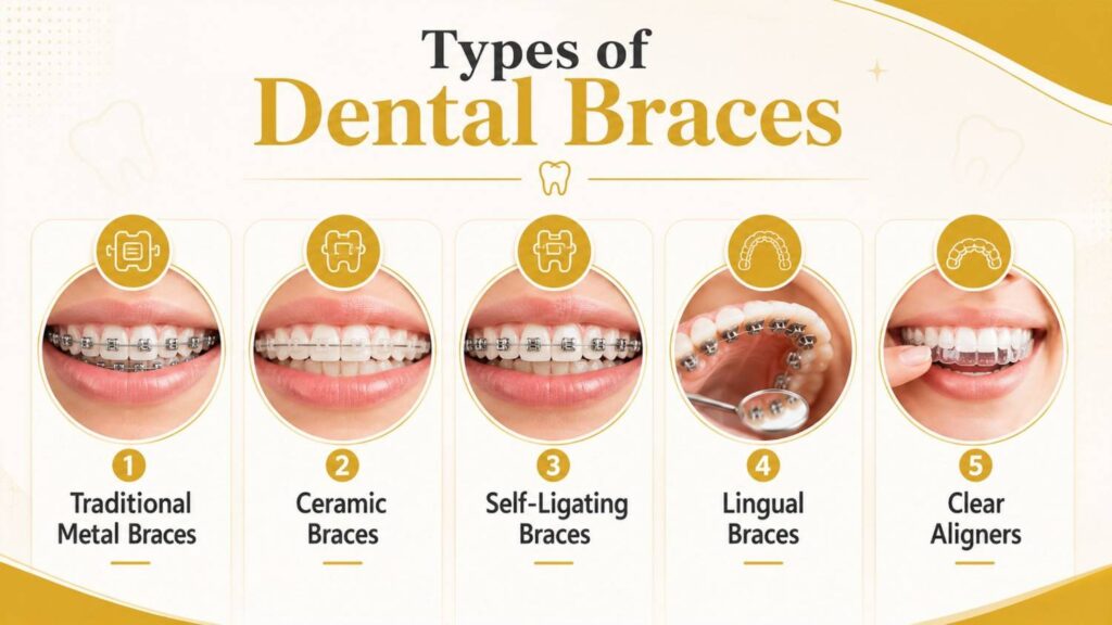 Infographic illustrating the different types of dental braces, including traditional metal braces, ceramic braces, self-ligating braces, lingual braces, and clear aligners for orthodontic treatment.