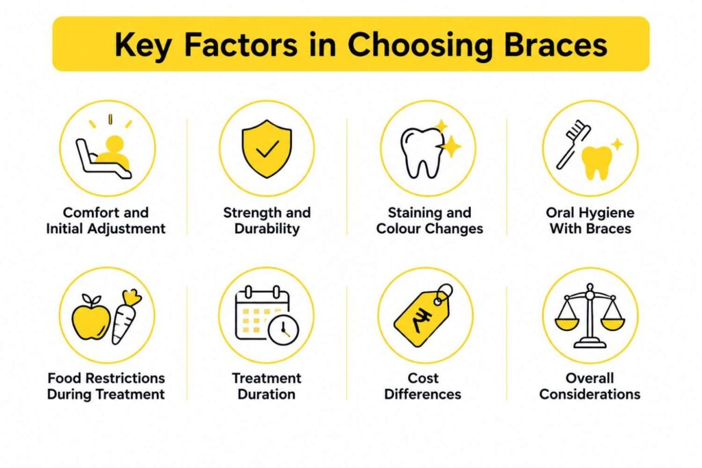 Infographic highlighting key factors to consider when choosing braces, including Comfort and Initial Adjustment, Strength and Durability, Staining and Colour Changes, Oral Hygiene with Braces, Food Restrictions During Treatment, Treatment Duration, Cost Differences, and Overall Considerations in a clean yellow and white design.