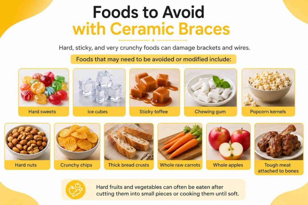 Infographic showing foods to avoid with ceramic braces, including hard sweets, ice cubes, sticky toffee, chewing gum, popcorn kernels, hard nuts, crunchy chips, thick bread crusts, whole raw carrots, whole apples, and tough meat attached to bones.