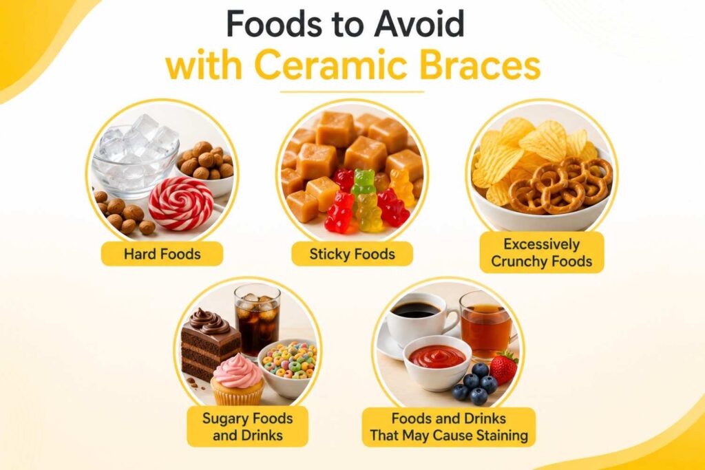 Infographic showing five categories of foods to avoid with ceramic braces: hard foods, sticky foods, excessively crunchy foods, sugary foods and drinks, and foods and drinks that may cause staining, illustrated with realistic food images in a yellow and white design.