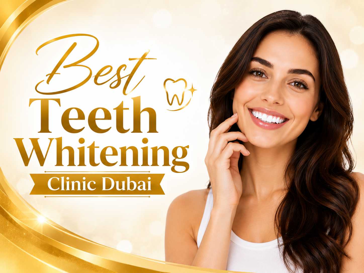 Best Teeth Whitening Clinic Dubai with a smiling woman showcasing bright white teeth on a premium gold-themed dental banner