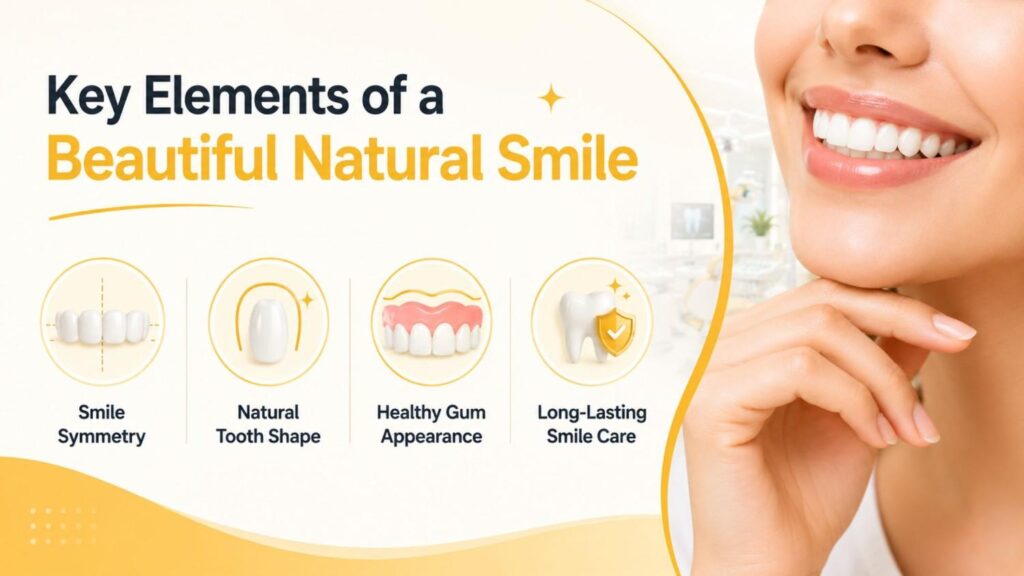 Cosmetic Dentist Dubai infographic highlighting the key elements of a beautiful natural smile, including smile symmetry, natural tooth shape, healthy gums, and long-lasting smile care.