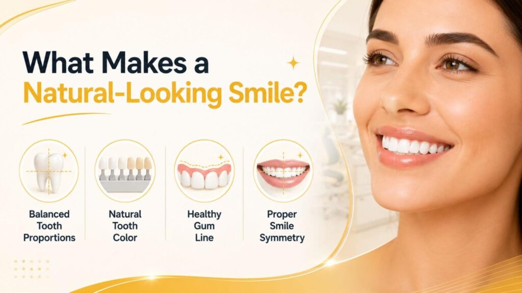 Best Cosmetic Dentist Dubai infographic showing the essential elements of a natural-looking smile, including balanced tooth proportions, natural tooth color, healthy gum line, and proper smile symmetry.