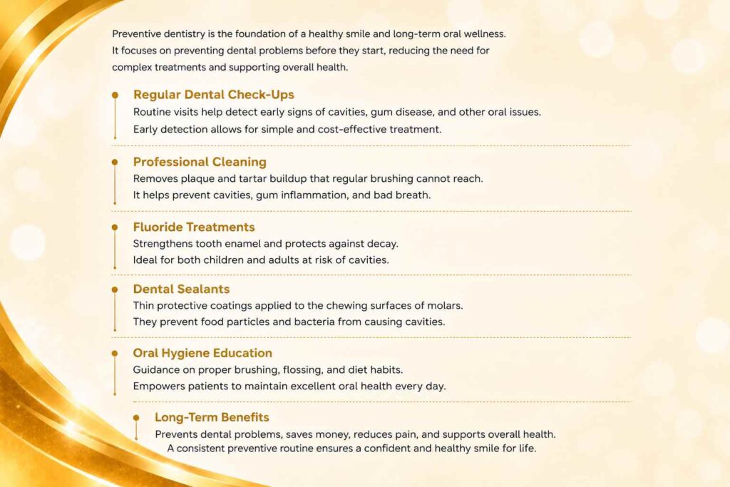 Gold-themed infographic explaining preventive dentistry practices for long-term oral health, including dental check-ups, professional cleaning, fluoride treatments, sealants, and oral hygiene education.