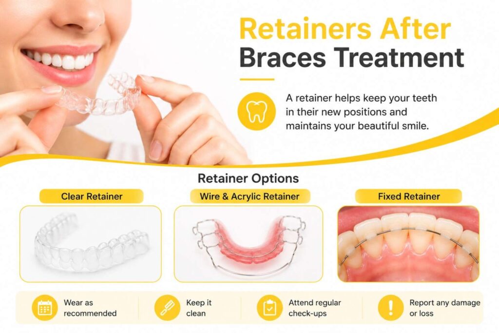 Illustration of orthodontic retainers after braces treatment showing clear removable retainers, wire-and-acrylic retainers, and fixed bonded retainers used to maintain teeth alignment.