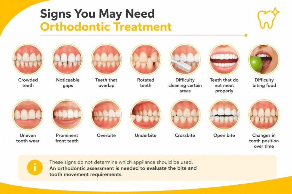 Illustration showing common signs that may indicate the need for orthodontic treatment, including crowded teeth, gaps, bite issues, rotated teeth, and tooth alignment problems.