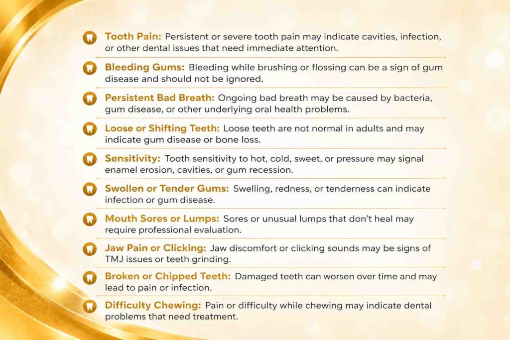Infographic highlighting common signs that indicate the need to visit a Dental Clinic Deira, including tooth pain, bleeding gums, bad breath, and tooth sensitivity.