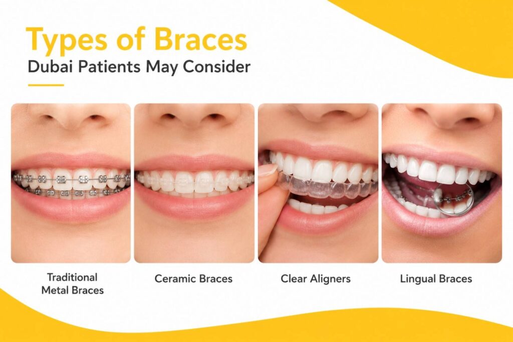 Comparison of four orthodontic treatment options showing traditional metal braces, ceramic braces, clear aligners, and lingual braces on realistic patient smiles.