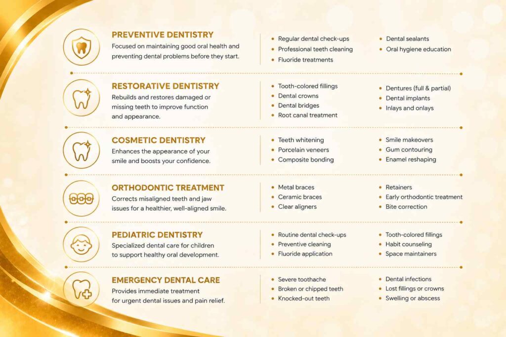 Infographic showing different types of dental services including preventive, restorative, cosmetic, orthodontic, pediatric, and emergency dental care.