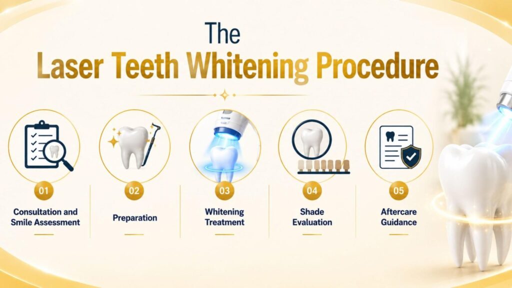 Laser Teeth Whitening Dubai procedure showing consultation, preparation, whitening treatment, shade evaluation, and aftercare for a brighter smile.