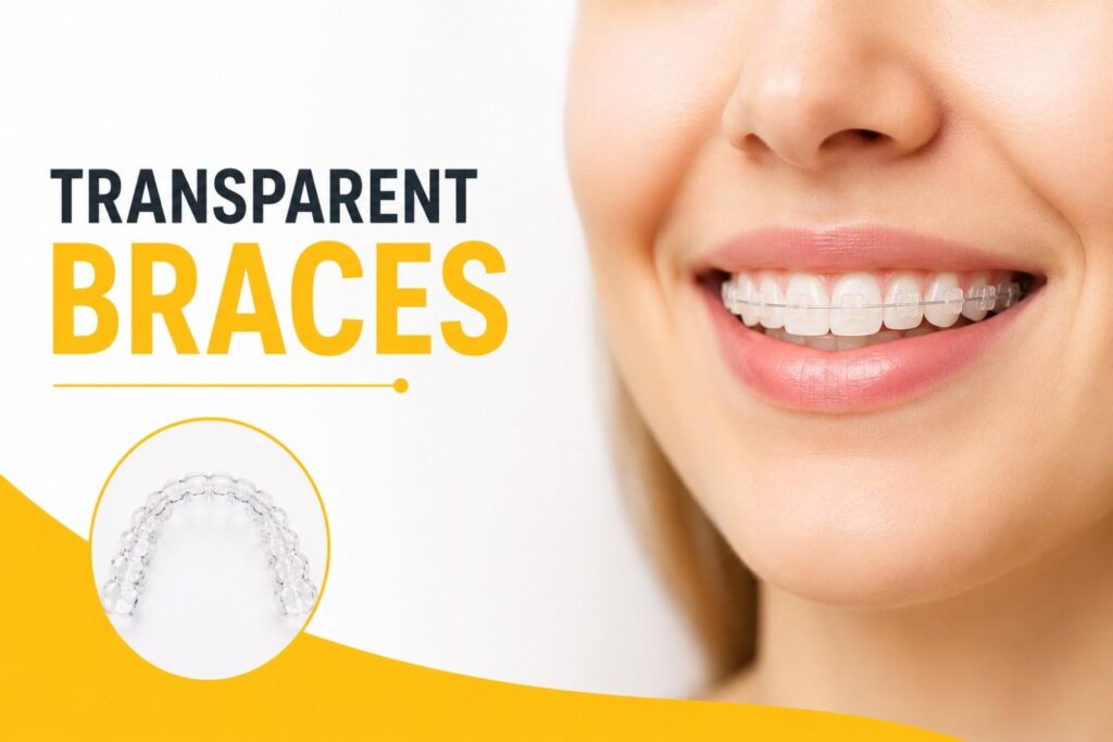 Featured image of a smiling person wearing transparent braces with a clear aligner illustration on a clean yellow and white background.