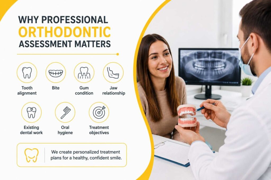 Dental infographic showing the importance of a professional orthodontic assessment with a dentist consulting a patient and evaluating oral health.